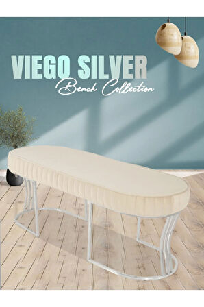 Viego Silver Striped Bench Lüks Metal Gümüş Ayak, Chester Model Yatak Ucu Krem Puf