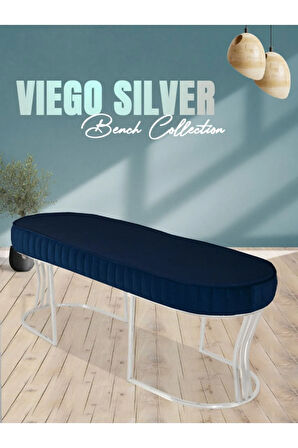 Viego Silver Striped Bench Lüks Metal Gümüş Ayak, Chester Model Yatak Ucu Mavi Puf