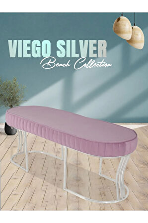 Viego Silver Striped Bench Lüks Metal Gümüş Ayak, Chester Model Yatak Ucu Pembe Puf