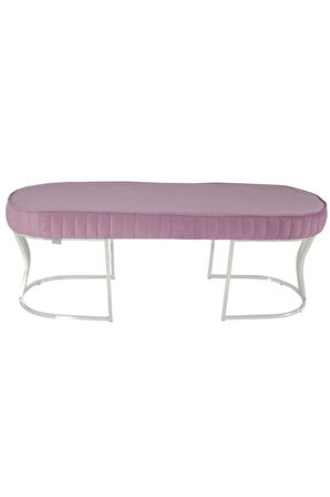 Viego Silver Striped Bench Lüks Metal Gümüş Ayak, Chester Model Yatak Ucu Pembe Puf