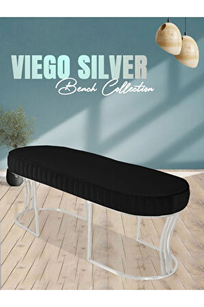 Viego Silver Striped Bench Lüks Metal Gümüş Ayak, Chester Model Yatak Ucu Siyah Puf
