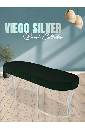 Viego Silver Striped Bench Lüks Metal Gümüş Ayak, Chester Model Yatak Ucu Yeşil Puf