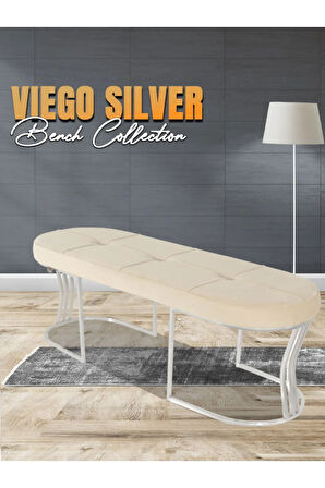 Viego Silver Exclusive Bench Lüks Metal Gümüş Ayak, Chester Model Yatak Ucu Krem Puf