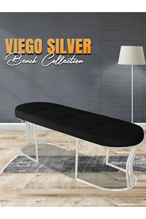 Viego Silver Exclusive Bench Lüks Metal Gümüş Ayak, Chester Model Yatak Ucu Siyah Puf