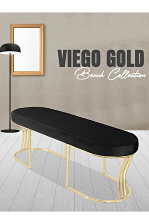 Viego Gold Smooth Bench Lüks Metal Gold Ayak, Chester Model Yatak Ucu Antrasit Puf