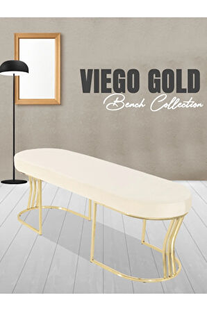 Viego Gold Smooth Bench Lüks Metal Gold Ayak, Chester Model Yatak Ucu Beyaz Puf