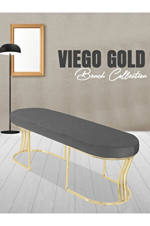 Viego Gold Smooth Bench Lüks Metal Gold Ayak, Chester Model Yatak Ucu Gri Puf
