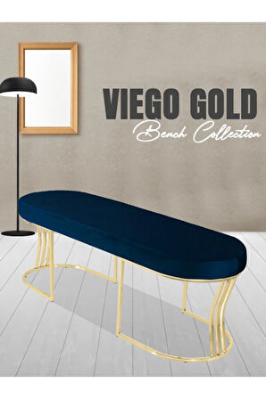 Viego Gold Smooth Bench Lüks Metal Gold Ayak, Chester Model Yatak Ucu Mavi Puf