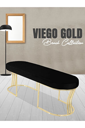 Viego Gold Smooth Bench Lüks Metal Gold Ayak, Chester Model Yatak Ucu Siyah Puf