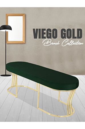 Viego Gold Smooth Bench Lüks Metal Gold Ayak, Chester Model Yatak Ucu Yeşil Puf