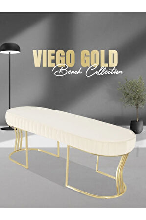 Viego Gold Striped Bench Lüks Metal Gold Ayak, Chester Model Yatak Ucu Beyaz Puf