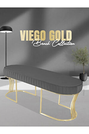 Viego Gold Striped Bench Lüks Metal Gold Ayak, Chester Model Yatak Ucu Gri Puf