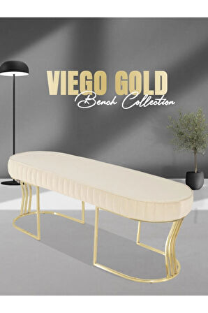 Viego Gold Striped Bench Lüks Metal Gold Ayak, Chester Model Yatak Ucu Krem Puf