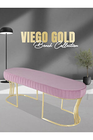 Viego Gold Striped Bench Lüks Metal Gold Ayak, Chester Model Yatak Ucu Pembe Puf