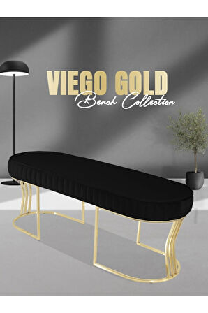 Viego Gold Striped Bench Lüks Metal Gold Ayak, Chester Model Yatak Ucu Siyah Puf