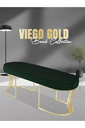 Viego Gold Striped Bench Lüks Metal Gold Ayak, Chester Model Yatak Ucu Yeşil Puf