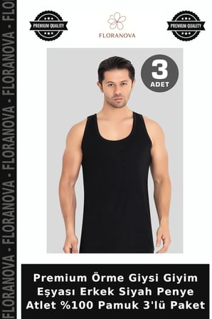 Premium Örme Giysi Giyim Eşyası Erkek Siyah Penye Atlet %100 Pamuk 3'lü Paket