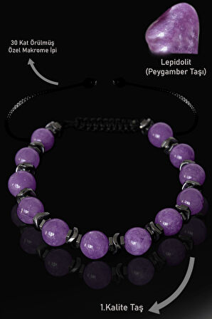 Sertifikalı Gerçek Hematit - Lepidolit Taşı Bileklik - Ayarlamalı (Peygamber Taşı)