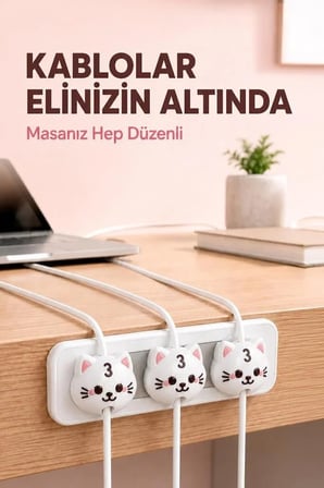 Delux Serisi Kedi Figürlü Manyetik Kablo Düzenleyici CH01 Beyaz Ofis Gereci Masa Düzeni