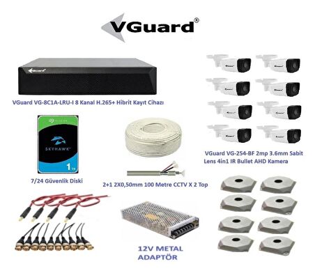 VGuard 2mp 8 Kameralı Dış Ortam AHD HD-TVI Full Kamera Seti 1TB Disk