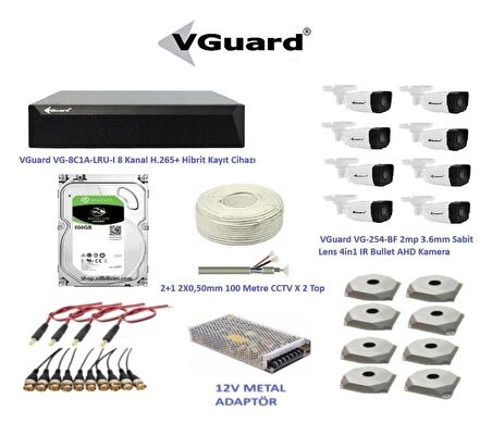 VGuard 2mp 8 Kameralı Dış Ortam AHD HD-TVI Full Kamera Seti 500GB Disk