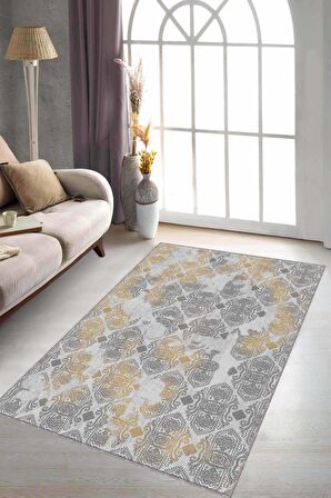 Sarı Damask Desen Kaymaz Tabanlı Dekoratif Halı AL003