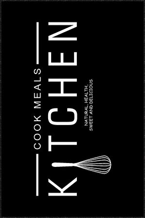 Siyah Kaymaz Tabanlı Kitchen Yazılı Mutfak Halısı AR019