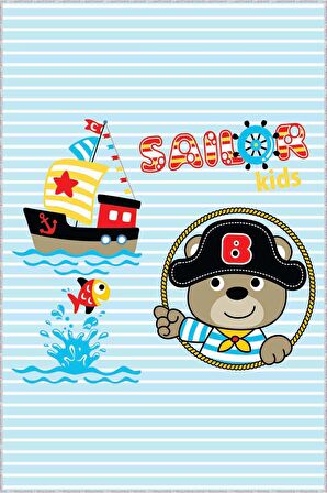 Mavi Kaymaz Tabanlı Yıkanabilen Denizci Bebek Halısı AR028