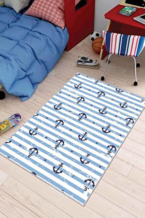 Mavi Kaymaz Tabanlı Denizci Temalı Çocuk Halısı AR029