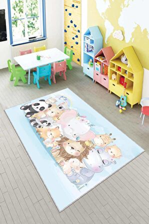Mavi Kaymaz Tabanlı Sevimli Hayvanlar Bebek Halısı AR086