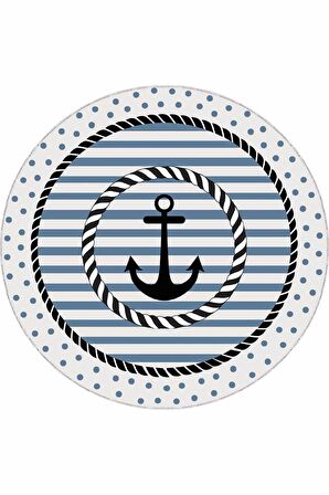 Lacivert Kaymaz Tabanlı Denizci Yuvarlak Çocuk Halısı AR1016