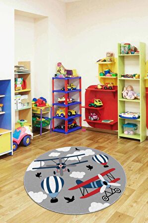 Gri Kaymaz Tabanlı Uçaklı Yuvarlak Çocuk Halısı AR1020