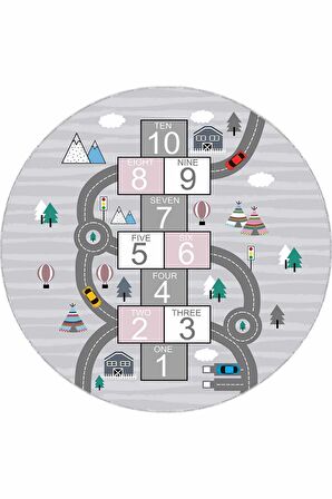 Gri Kaymaz Taban Yollu Seksekli Yuvarlak Çocuk Halısı AR1027