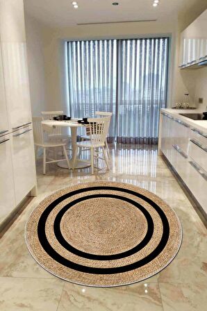 Bej Kaymaz Taban Hasır Görünüm Yuvarlak Mutfak Halısı AR1069