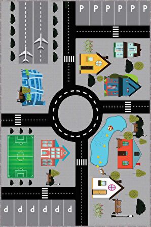 Gri Kaymaz Tabanlı Yıkanabilir Uçaklı Çocuk Halısı AR1122