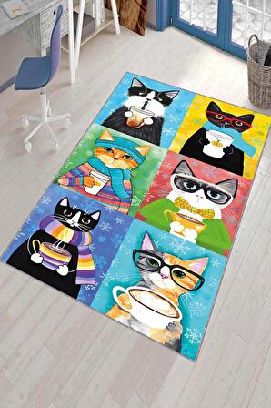 Çok Renkli Kaymaz Taban Yıkanan Kedili Mutfak Halısı AR1139