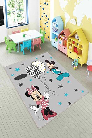 Gri Kaymaz Tabanlı Yıkanır Miki Mouse Çocuk Halısı AR1142