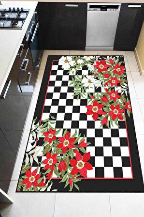 Kırmızı Kaymaz Tabanlı Çiçek Desenli Mutfak Halısı AR1271