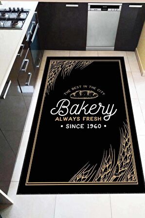 Siyah Kaymaz Tabanlı Yazılı Bakery Mutfak Halısı AR1274