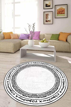 Beyaz Çerçeveli Kaymaz Tabanlı Yıkanır Yuvarlak Halı AR1337