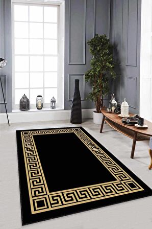 Siyah Gold Çerçeveli Kaymaz Tabanlı Dekoratif Halı AR136