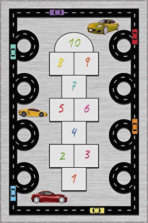 Gri Kaymaz Tabanlı Yıkanır Yollu Seksekli Çocuk Halısı AR153