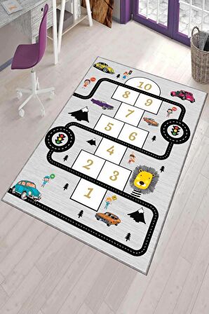 Gri Kaymaz Tabanlı Yıkanır Yollu Seksekli Çocuk Halısı AR154