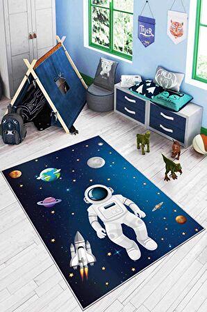 Lacivert Kaymaz Tabanlı Uzay Astronotlu Çocuk Halısı AR172