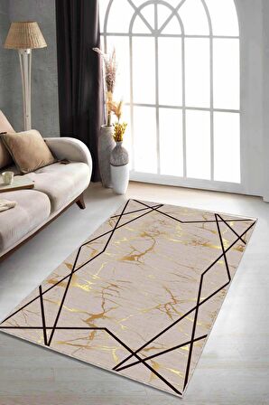 Bej Prizma Kaymaz Tabanlı Makinede Yıkanabilir Halı AR174