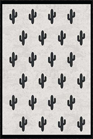 Gri Kaymaz Tabanlı Yıkanabilir Kaktüslü Mutfak Halısı AR214