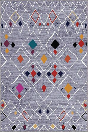 Gri Etnik Kaymaz Tabanlı Makinede Yıkanabilir Halı AR223