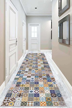 Renkli Kaymaz Çini Desen Kesme Rulo Özel Ölçülü Yolluk AR270