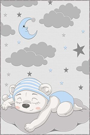 Mavi Kaymaz Tabanlı Yıkanabilir Ayıcıklı Bebek Halısı AR334