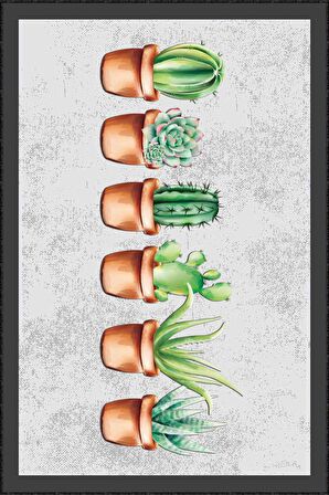 Yeşil Kaymaz Taban Yıkanabilir Kaktüslü Mutfak Halısı AR335